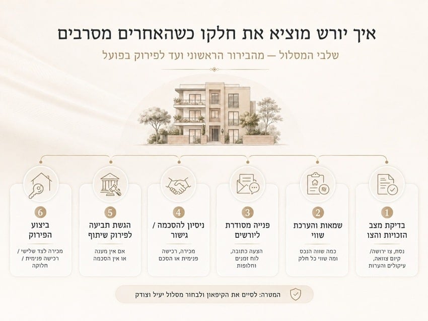 אינפוגרפיקה המציגה את שלבי פירוק השיתוף בין יורשים, מבדיקת הזכויות והשמאות ועד להסכמה, תביעה וביצוע הפירוק.