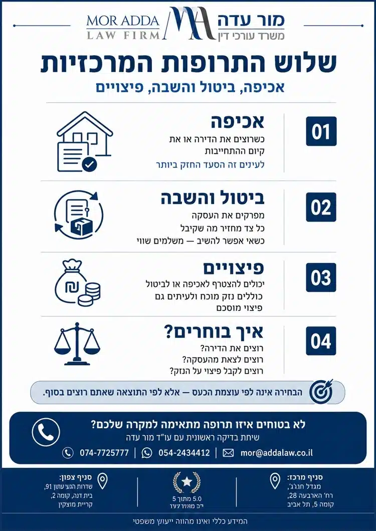אינפוגרפיקה המציגה אכיפה, ביטול והשבה ופיצויים כתרופות בעקבות הפרת חוזה מכר דירה.